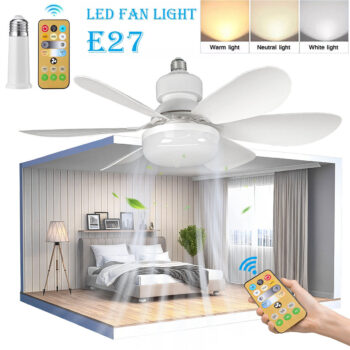 E27 LED Ceiling Fan Light with Remote Control – 3 Color Modes (Warm, Neutral, White), Quiet Motor, 7 Blades – Energy Saving Indoor Lighting for Bedroom, Living Room, Office
